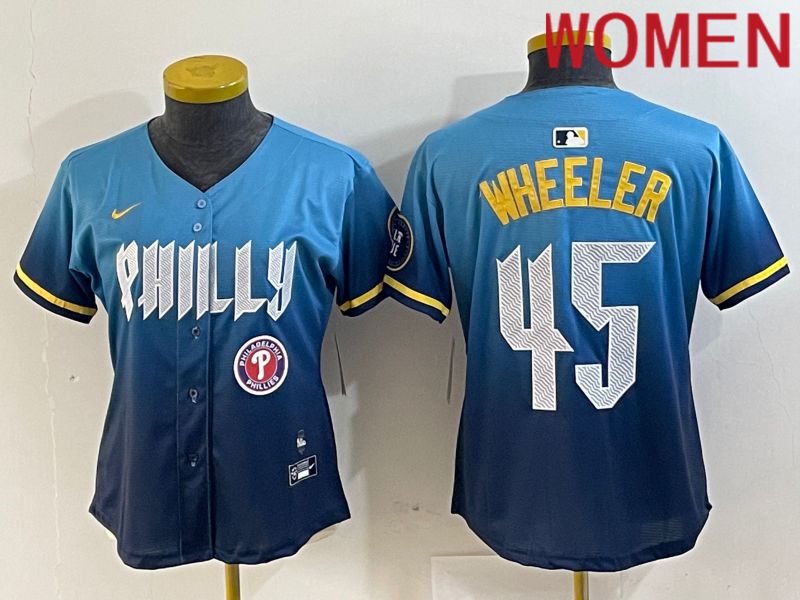 Women Philadelphia Phillies 45 Wheeler Blue City Edition Nike 2024 MLB Jersey style 5